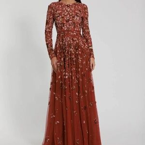 Mac Duggal Red Embellished High Neck Long Sleeve A Line Gown NWT